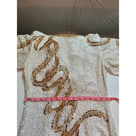 Vintage Cachet Bari Protas Womens 14 Silk Long sleeve Fully Beaded Dress Ivory - Picture 15 of 16